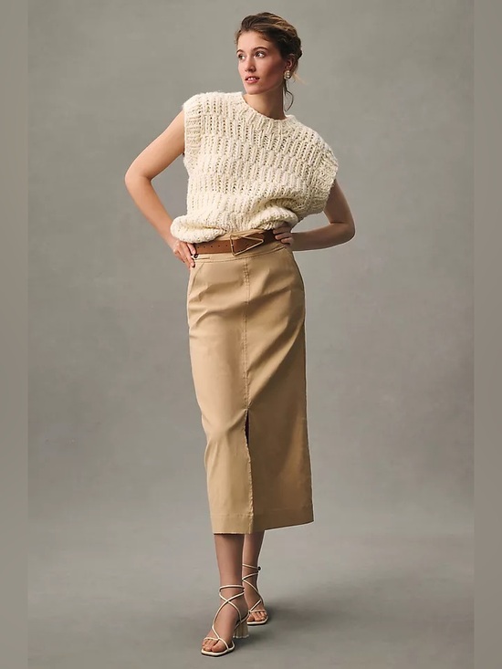 Anthropologie Dresses & Skirts - Anthropologie Slim Column Maxi Skirt Tan Linen Blend Front Slit Pockets Size 4